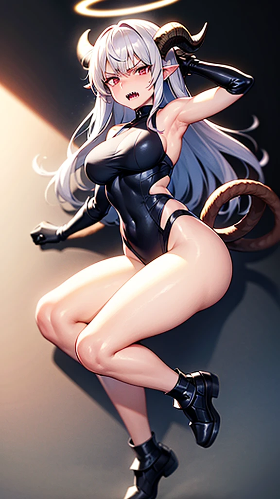 masterpiece, high quality, 4K, HDR, armored dress knight, black halo above head, black horns on head, large black tail, large black wings on back, Silver hair, intake hairstyle, blunt bangs, long hair, crimson eyes, narrowed eyes, sharp teeth, slightly pointed ears, displeased expression, slightly open mouth, low angle, full body, athletic, toned body, medium breasts