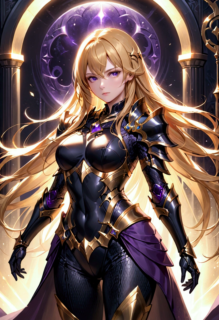 Adult female,long golden hair, purple eyes,hourglass body figure, black warrior fantasy armor