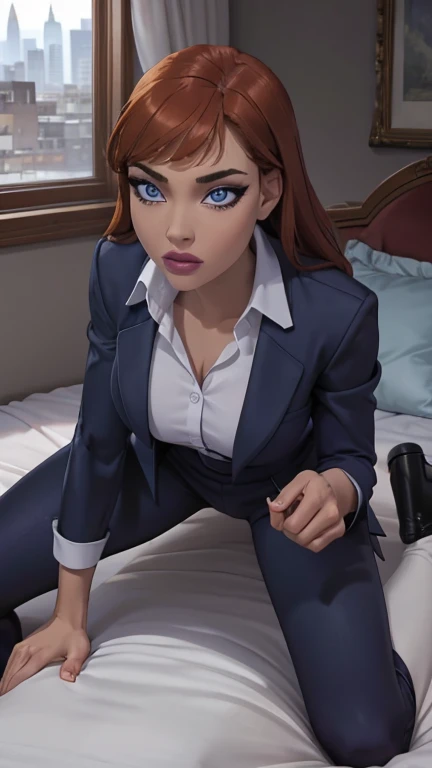 (masterpiece, high quality) woman, formal business suit, shirt, pants, solo , looking at viewer, perfect face, suits Navy blue, crystal blue eyes, eyelashes, makeup,((MS Real Lite - W Legs on Stomach LoRA))