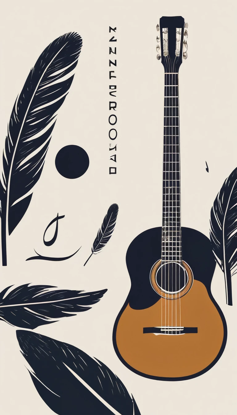 A minimal, high quality, modern, simple, cinematic symbol design for the brand “Penamemoria". The logotype must be a simple, magical feather and a boy playing acoustic guitar. The logo must convey a sense of music, stories and dreams. Logo design impressed on a book cover. Minimalistic logo