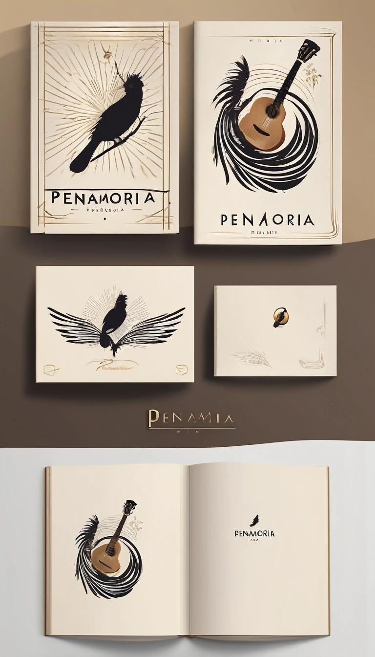 A minimal, high quality, modern, simple, cinematic symbol design for the brand “Penamemoria". The logotype must be a simple, magical feather and a boy playing acoustic guitar. The logo must convey a sense of music, stories and dreams. Logo design impressed on a book cover. Minimalistic logo