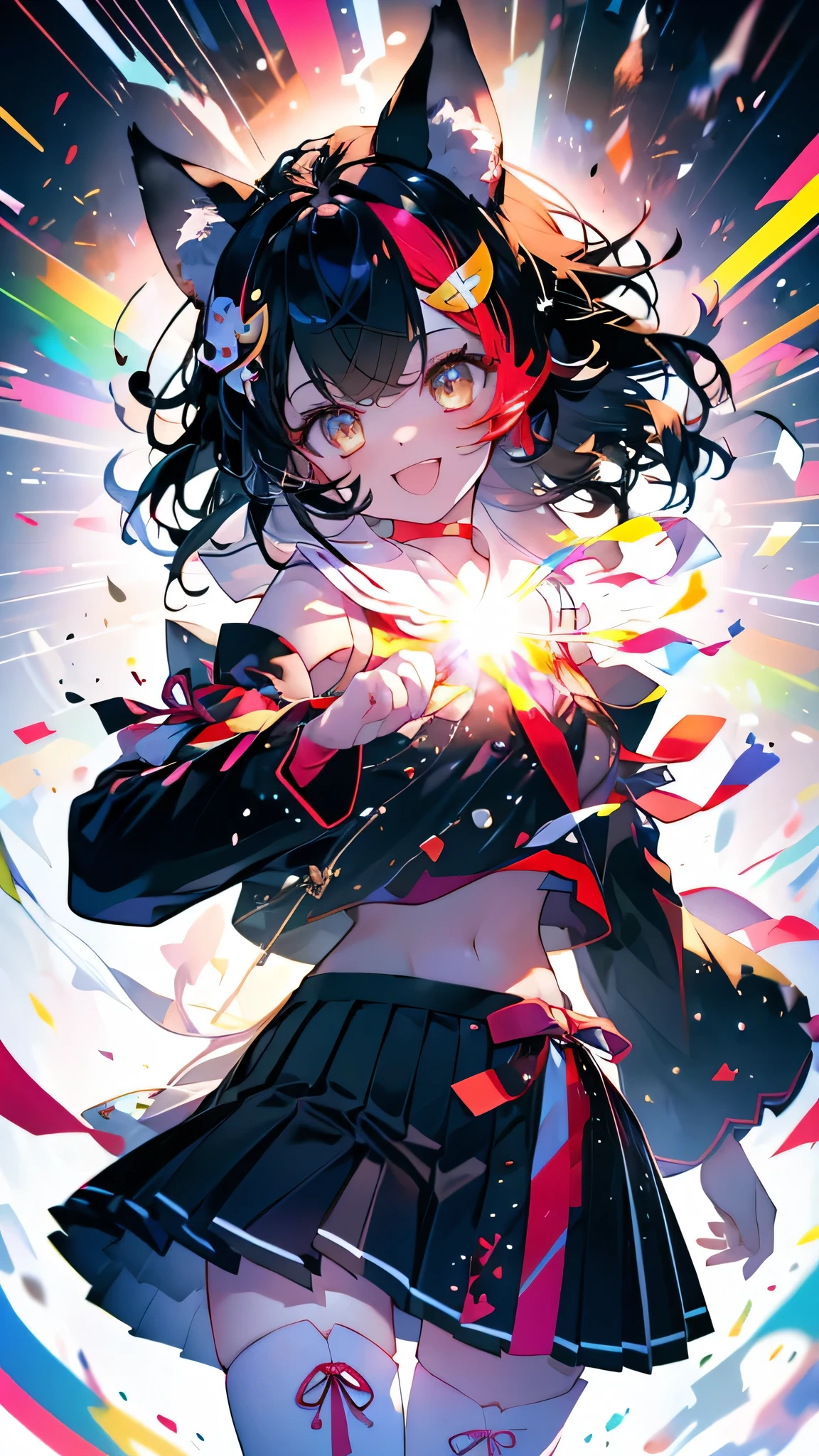 (Ultra-high resolution,masterpiece, Attention to detail, Highest quality), 8k,(miosha1, hair ornament, Wolf tail, red choker, black shirt, sailor collar, detached sleeves, black skirt, pleated skirt, white thighhighs, midriff, Bell, rope),(Blessed,Captivating body、Ultra-detailed skin、Super beautiful eyes、Detailed Background),One girl、 (cheerful ,enjoy :1.5),