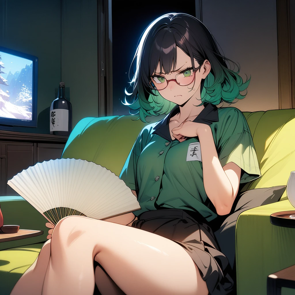 (masterpiece),(best quality),very aesthetic,(ultra-detailed),(super-fine illustration),vibrant colors,high saturation,nsfw,1girl,25yo,slender,tall,medium hair,black hair,natural wave hair,flipped hair,dark green eyes,enjoyable,comfortable,satisified,glasses,fan,fanning herself with the fan,sweat, (monk's working clothes with gradient earth color),short sleeves,living room,window,air-conditioner,Urban landscape outside the window,television,table,(drunk:1.2),japanese sake bottle,sake cup,reclining on couch,side dish,night,dinner time,cowboy shot,looking away