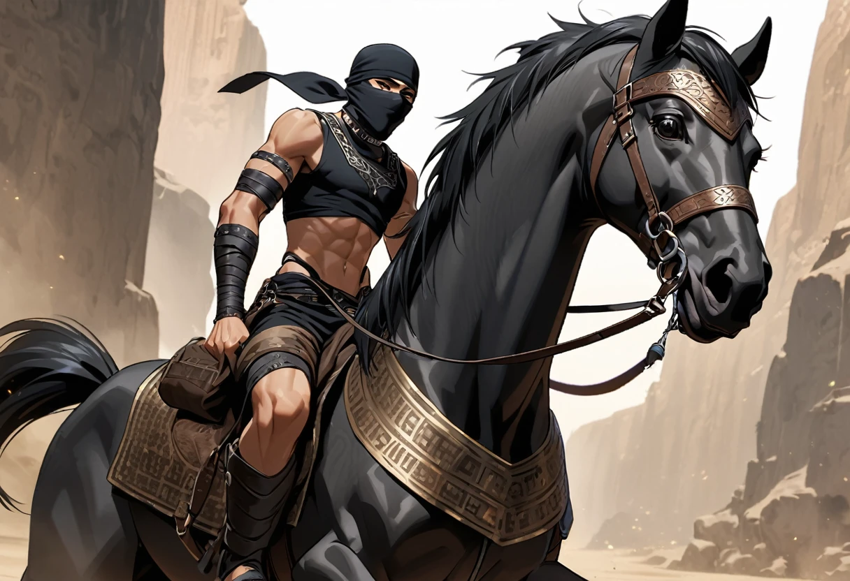 Male arab warrior, medivial, black short balaclava, black bandage, black clothes, thin waist, skinny body, femboy, light skin, makeup, black eyeliner, big eyelashes, black eyeshadow, metal choker,  light tanned skin, rides a black horse