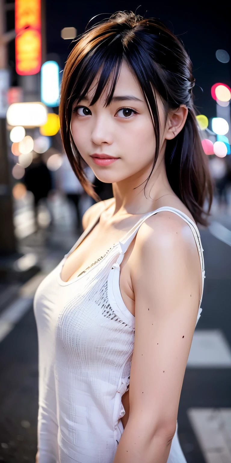 1 girl, Tokyo Street,night, Streetscape,City lights,Upper Body,close,smile,, (8k, RAW Photos, Highest quality, masterpiece:1.2),(Realistic, photo-Realistic:1.37),