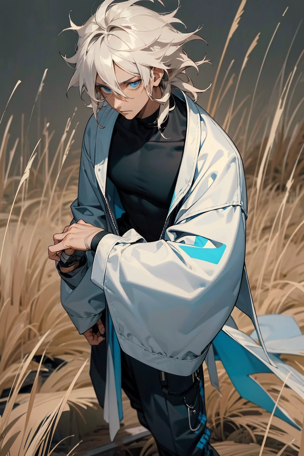 1male, tan skin, black highlighted hair, black and white hair,  messy hair, wavy hair, blue eyes, uninterested expression, (dark blue oversized coat), black joggers, black undershirt, bandaged clothing, grassland background, standing on path, hands to side