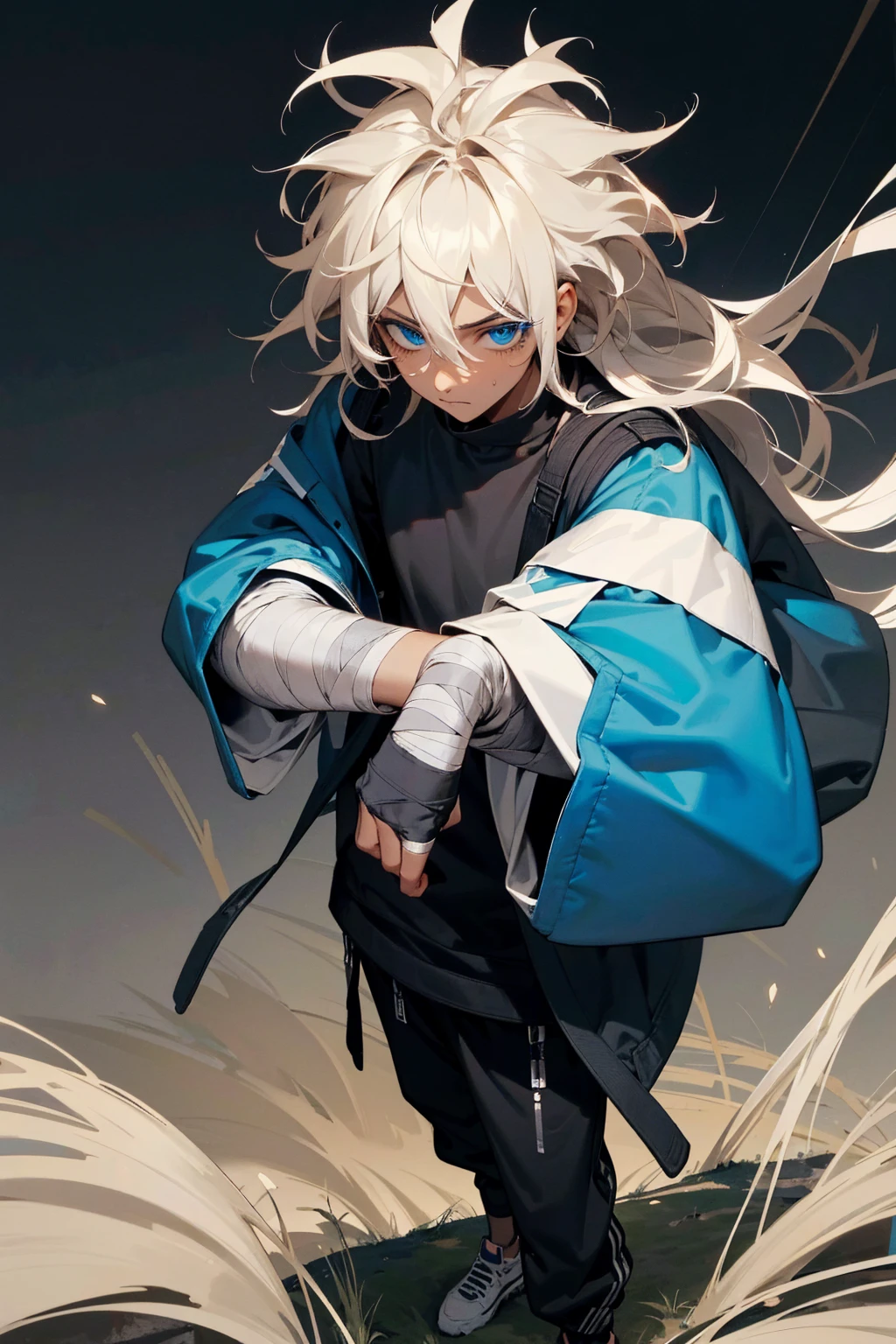 1male, tan skin, black highlighted hair, black and white hair, messy hair, wavy hair, blue eyes, uninterested expression, (dark blue oversized coat), black joggers, black undershirt, bandaged clothing, grassland background, standing on path, hands to side