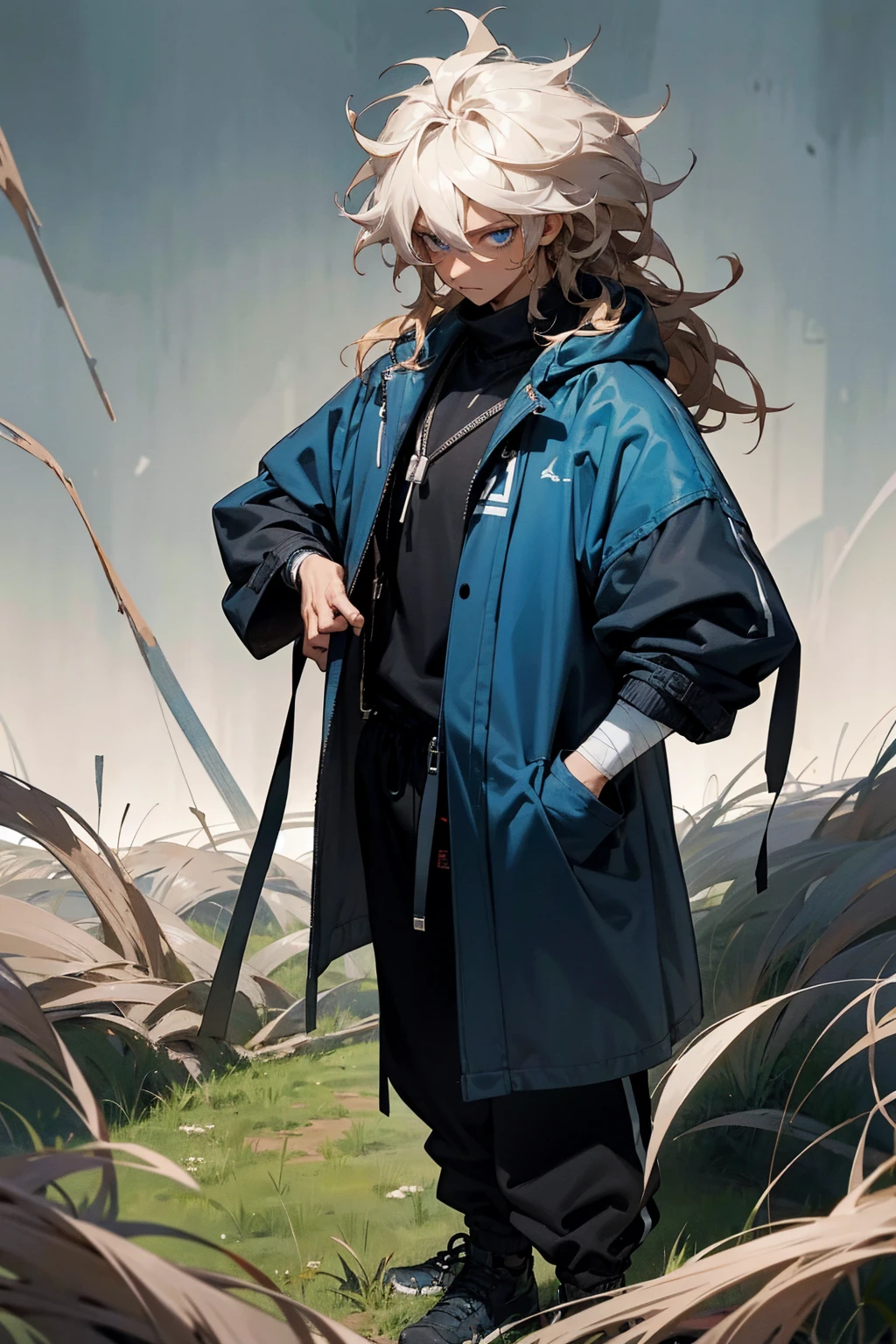 1male, tan skin, black highlighted hair, black and white hair,  messy hair, wavy hair, blue eyes, uninterested expression, (dark blue oversized coat), black joggers, black undershirt, bandaged clothing, grassland background, standing on path, hands to side