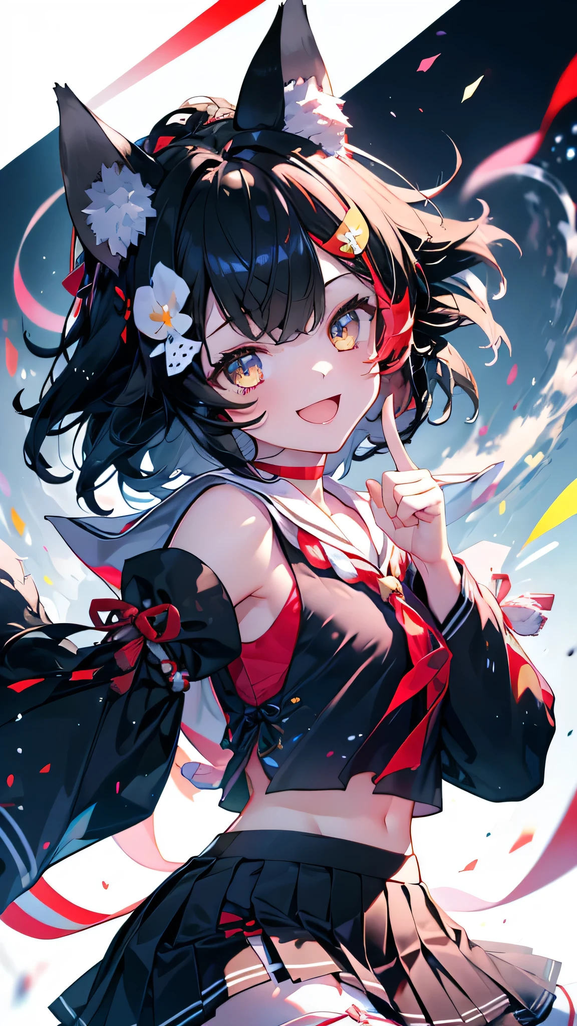 (Ultra-high resolution,masterpiece, Attention to detail, Highest quality), 8k,(miosha1, hair ornament, Wolf tail, red choker, black shirt, sailor collar, detached sleeves, black skirt, pleated skirt, white thighhighs, midriff, Bell, rope),(Blessed,Captivating body、Ultra-detailed skin、Super beautiful eyes、Detailed Background),One girl、 (cheerful ,enjoy :1.5),