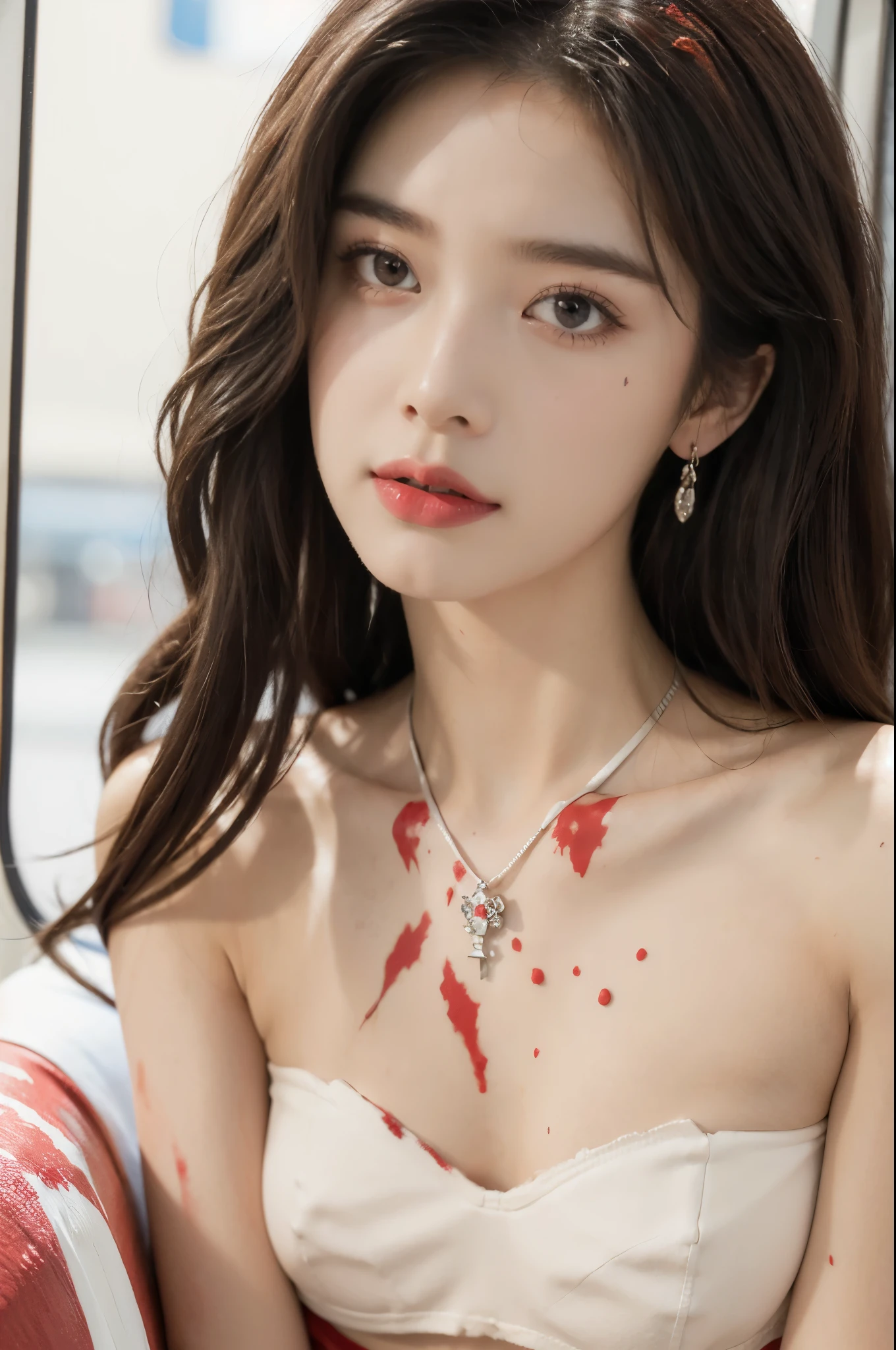 (((best quality))),(((ultra detailed))),(((masterpiece))),illustration,(a stunning girl,solo),(shoulder length straight hair:1.2),((earrings,necklace)),((slim,thin)),((small breasts,flat chest)),(standing:1.3), ((awkwardly,painful,embarrassed)),(In modern high-speed railway carriages:1.3),(strapless white bra splattered with red paint stains:1.5),(surrounded by crowded crowds:1.3),((from front,close-up of face))