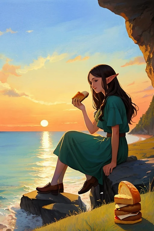 A pictorial work of art by the artist Arwen. a captivating watercolor in warm colors, you can see an attractive elf eating a bread from the road, this
with views of the sea sitting on a rock on the side of a cliff.
The image is seen against a sunset background that evokes peace and tranquility to the viewer, a play of shadows that makes the painting stand out.