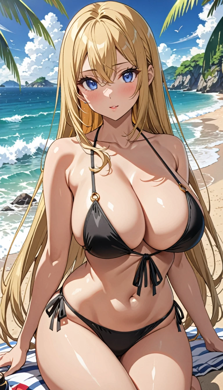 ((masterpiece)), ((high quality)), ((super detailed)), ((high resolution)) ,((8k)), a beautiful woman, ((She is one of the most famous female Gravure actress in the world.)), unparalleled beauty, ((huge breast)), ((large ass)), ((deep cleavage)), slim waist, chest out, ultra detailed face, perfect skin, (((Blonde straight hair))), blue eyes, detailed eyes, whole body image, (((anime))), ((glamorous)), 23 years old, ((incredibly beautiful woman)), ((The I cup bust)), ((((Black color sling bikini)))), ((beautiful breasts)), beautiful legs, 8 life size, anime, ((charm)), ((Half Japanese and half British)), ((Grown-up face)), ((Bewitching)), ((Private beach)),