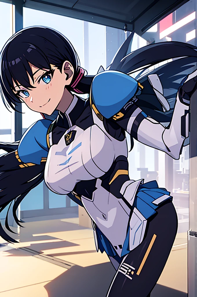 Mecha Wings、Blue Skirt、Accentuated thighs、chest、Black Hair、1 girl、solo girl、IS、Frame Arms Girl、Alice Gere Aegis、White Armor、Pink Line、income、headphone、hand on own chest、smile、Miike Naeko,One girl,alone,police,police ユニフォーム,police woman