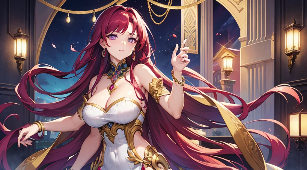 Highest quality, masterpiece, figure, wallpaper,One woman, Beautiful detailed woman, Highly detailed eyes and face, Beautiful attention to detail, Shine, View your viewers, Purple Eyes,,Bright Red Hair ,crisp finger, clear background, deep night、Big earrings、bracelet,28 years old,Are standing,Slim body,gun