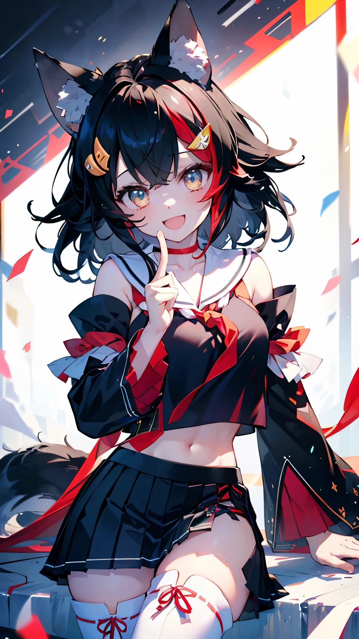 (Ultra-high resolution,masterpiece, Attention to detail, Highest quality), 8k,(miosha1, hair ornament, Wolf tail, red choker, black shirt, sailor collar, detached sleeves, black skirt, pleated skirt, white thighhighs, midriff, Bell, rope),(Blessed,Captivating body、Ultra-detailed skin、Super beautiful eyes、Detailed Background),One girl、 (cheerful ,enjoy :1.5),