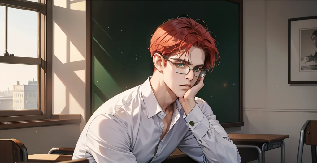 (best quality detailed image beautiful image 8K photorealistic dramatic lighting 1:1) (digital art digital illustration) (camera focused on face) (cold colors dim lighting) Art Manhwa 29 year old cold man very handsome red hair in back style, elegant clothes green eyes (piercing gaze cold expression perfect face perfect lines) Teacher, university, Classroom, ((black glasses)), handsome teacher, Serious and cold look, ((Male square face)), short beard, Sweater and smart white closed dress shirt, Lonely