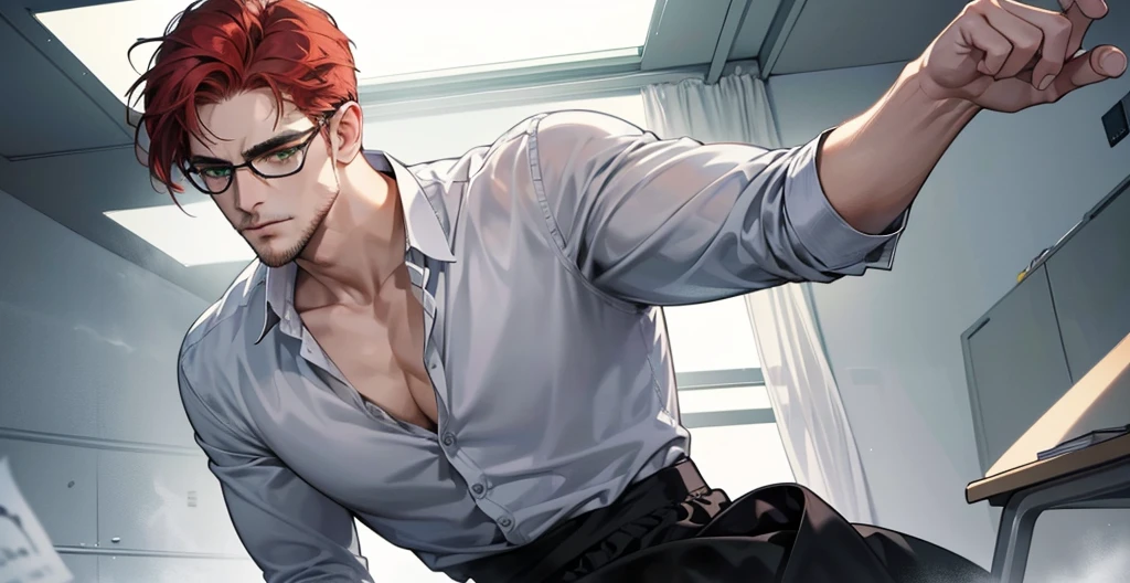 (best quality detailed image beautiful image 8K photorealistic dramatic lighting 1:1) (digital art digital illustration) (camera focused on face) (cold colors dim lighting) Art Manhwa 29 year old cold man very handsome red hair in back style, elegant clothes green eyes (piercing gaze cold expression perfect face perfect lines) Teacher, university, Classroom, ((black glasses)), handsome teacher, Serious and cold look, ((Male square face)), short beard, Sweater and smart white closed dress shirt, Lonely