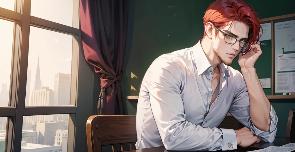 (best quality detailed image beautiful image 8K photorealistic dramatic lighting 1:1) (digital art digital illustration) (camera focused on face) (cold colors dim lighting) Art Manhwa 29 year old cold man very handsome red hair in back style, elegant clothes green eyes (piercing gaze cold expression perfect face perfect lines) Teacher, university, Classroom, ((black glasses)), handsome teacher, Serious and cold look, ((Male square face)), short beard, Sweater and smart white closed dress shirt, Lonely