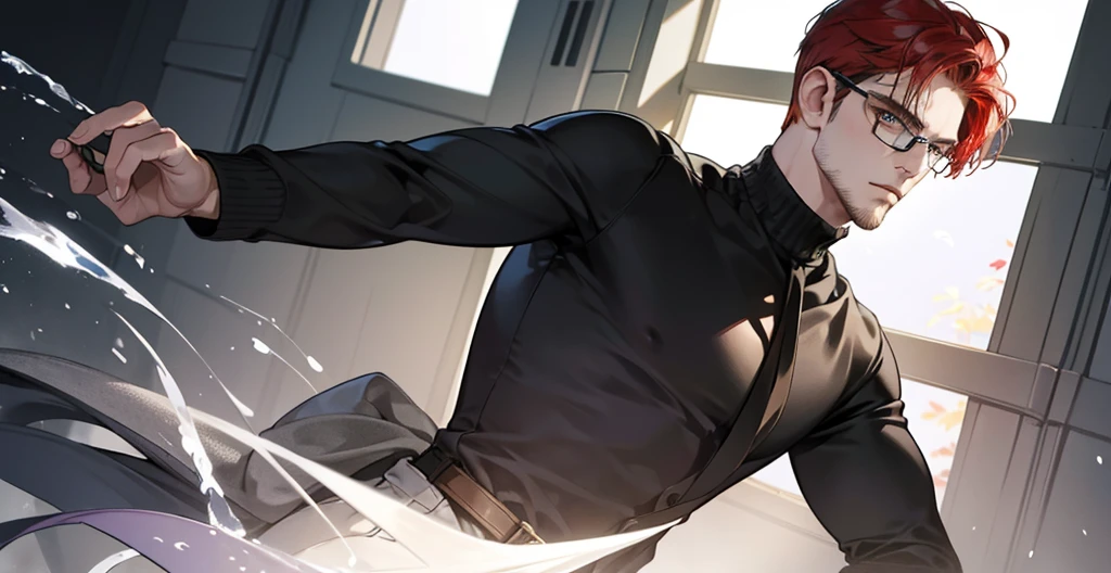 (best quality detailed image beautiful image 8K photorealistic dramatic lighting 1:1) (digital art digital illustration) (camera focused on face) (cold colors dim lighting) Art Manhwa 29 year old cold man very handsome red hair in back style, elegant clothes green eyes (piercing gaze cold expression perfect face perfect lines) Teacher, university, Classroom, ((black glasses)), handsome teacher, Serious and cold look, ((Male square face)), short beard, Sweater and smart white closed dress shirt, Lonely
