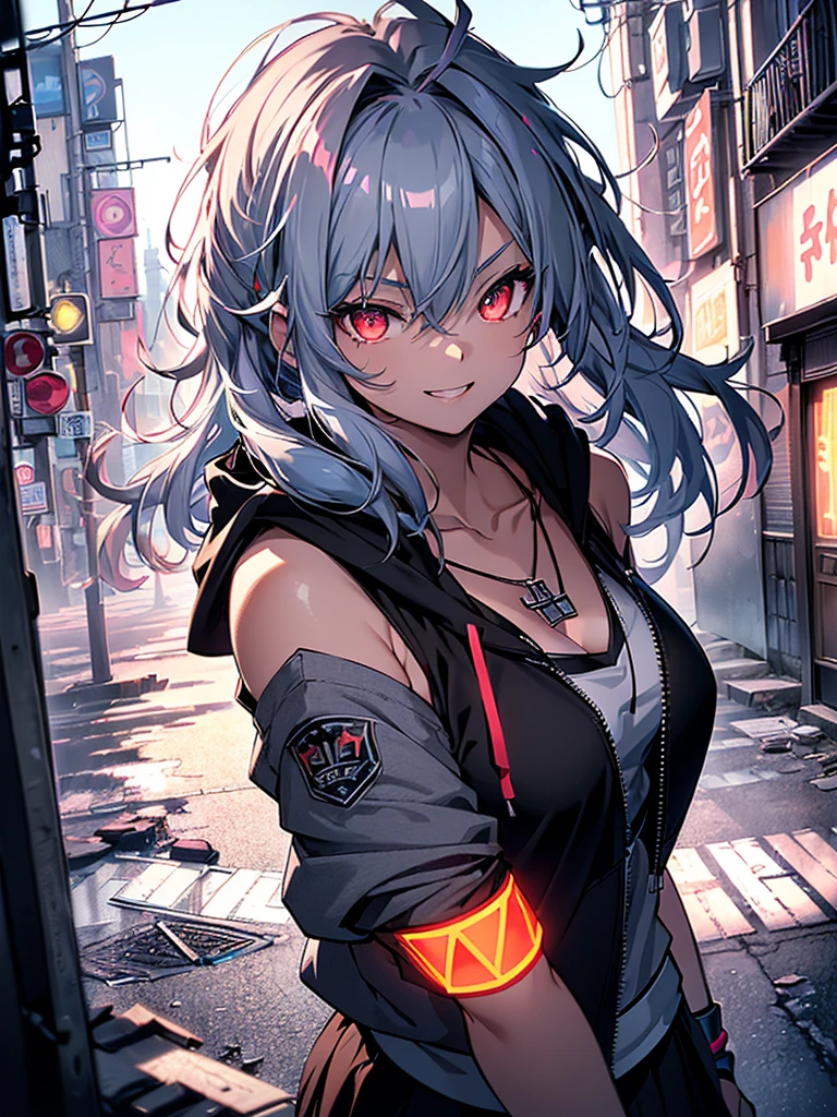 最high quality、Best image quality、masterpiece、girl((18-year-old、 By becoming、Best Bust、Medium Bust,Wide open breast tea、Red glowing eyes,Silver Hair、Disheveled Hair、Long Hair、thin,The highest valley、Open chest、Luminous Wristbands、smile、hair ornaments、luminous necklace、Black sleeveless hoodie(1:2)、Blue short skirt、Angle from directly above、Disheveled clothing、Show the whole body,Low - Angle)),high quality、Beautiful art、background((Neon Town、Neon Light))、Flight、Flying debris、Written boundary depth、movie、Visual Arts、Perfect art、8K,Genuine、