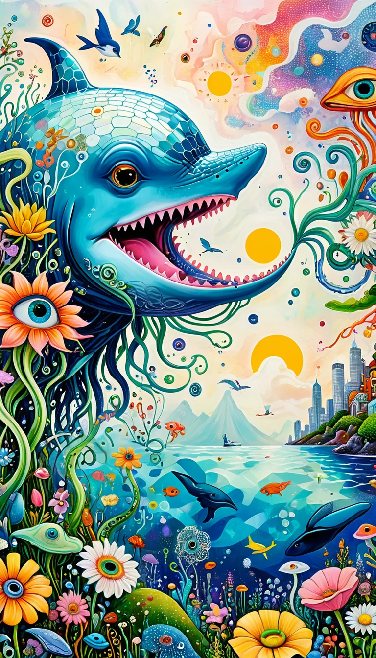 Children's graffiti,Thick coating，Concave and convex texture，Oil pastel strokes：Artists from the stars，Flying Whale、White Cloud、flowesh、Tentacles、bird、(((Eye)))、diatom，Abstract mosaic painting，Describing the inner world of autistic people，Large area of white，interesting，Innocence，Vision，Psychedelic Art，grid：1.1
