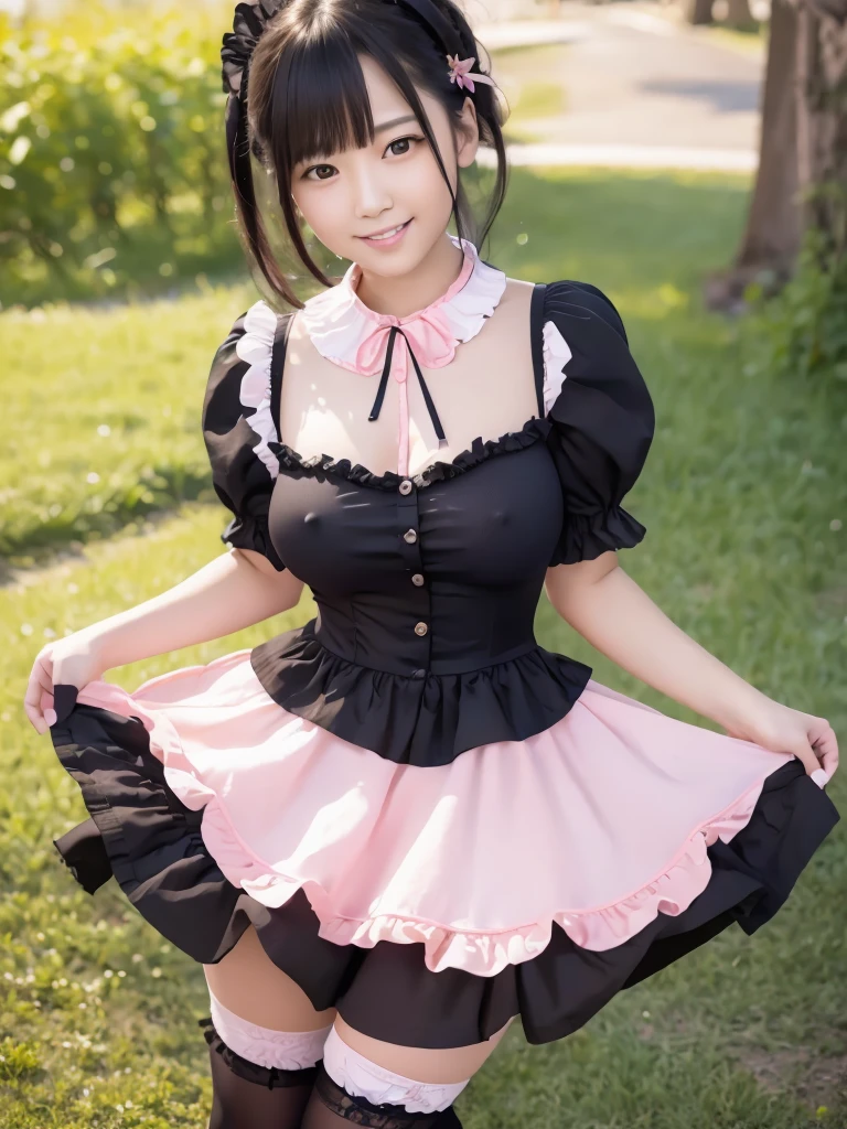 (Highest quality:1.5)、(masterpiece)、(8k:1.5)、Very detailed、Realistic、(One beautiful girl)、(Young face:1.2)、(Looking at me with a smile:1.5)、whole body、(Black Hair)、Small face、(Slender:1.2)、(Big Breasts:1.2)、(Pink shirt with buttons and a ruffled collar:1.2)、(Pink short skirt with frills:1.2)、(Black thigh-high socks)、(Black garter belt)、(See-through:1.0)、(Lifting her skirt to show her vagina:1.0)