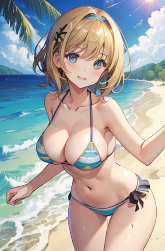 (Browsing Caution)、Beautiful young woman，Perfect body and beautiful big eyes, Perfect slim and thick body, Short wavy hair, hair band, Subtle printed micro bikini, Fun at the beach, Tropical Island, Happy, Smiling Kindly, Open, that&#39;Do it perfectly, Mute Tone, Atmosphere, Clean Lines, Complex, Very detailed, Realistic, 8k、Nipples、