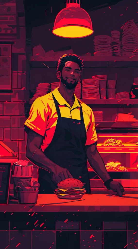 a fast food worker in a restaurant uniform, lofi cartoon style, (best quality,4k,8k,highres,masterpiece:1.2),ultra-detailed,(realistic,photorealistic,photo-realistic:1.37),cute, smiling, dynamic pose, apron, hat, fast food restaurant interior, neon lights, vibrant colors, whimsical, stylized, sketch-like, soft lighting