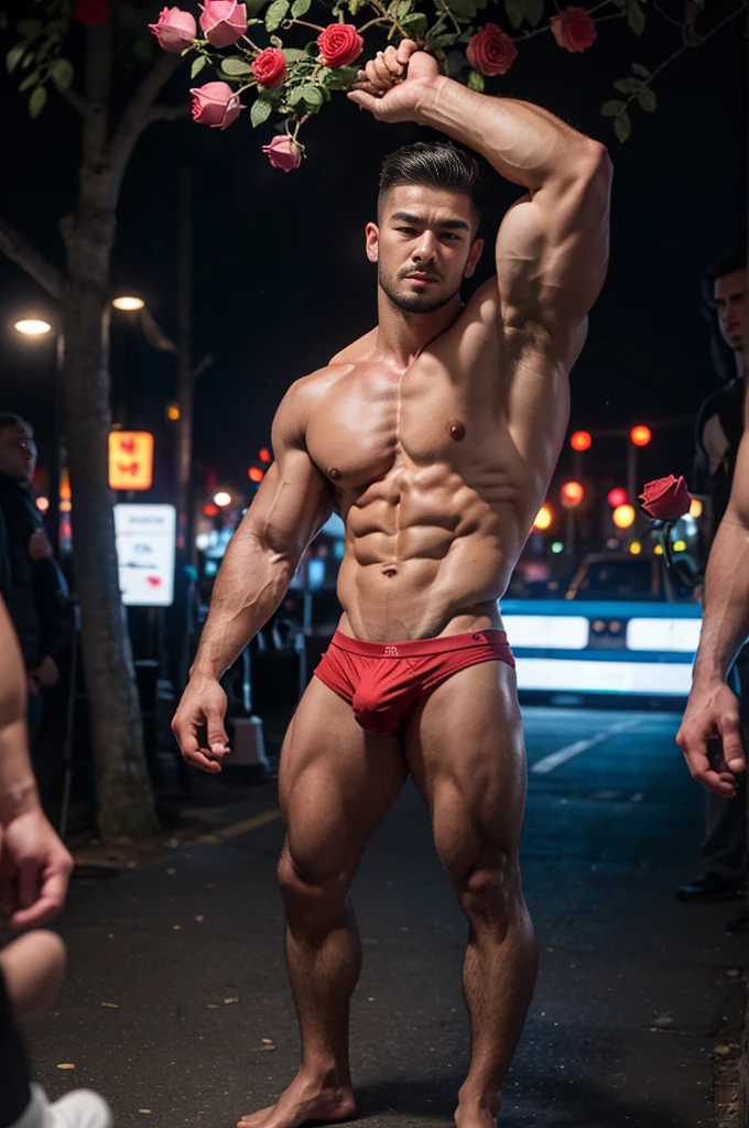 (8k, original photo, best quality，Half body photo) ,, ((( 25-year-old Asian muscular men)))，standing，wearing red underwear, shirtless,Shirtless muscular man，blush，Shy expression，hyper muscular, Mouth slightly open，Armpit Hair,underpants,pubic hair，white Transparent underpants，，a Asian muscular bodybuilding champion ,(((no cheast hair)))，(((public background)))，handsome man,Real human skin is smooth and delicate，delicate skin，Large nipples，Eyes and eyelashes are very detailed, muscular man, Manliness, male, Expose chest muscles, male love model, muscular, digital SLR, Super quality, XT3, crystal clear, 8k ultra high definition, high detail, Super real photos, (Realistic skin), ((pores)), ((high detail skin)), Volumetric light, groin, far, Complex 3D visualization, high detail,Real human skin ((Correct body structure)), (((correct anatomy))),(((Forced noise reduction))) (((full body shooting))) (((one hand holding roses)))