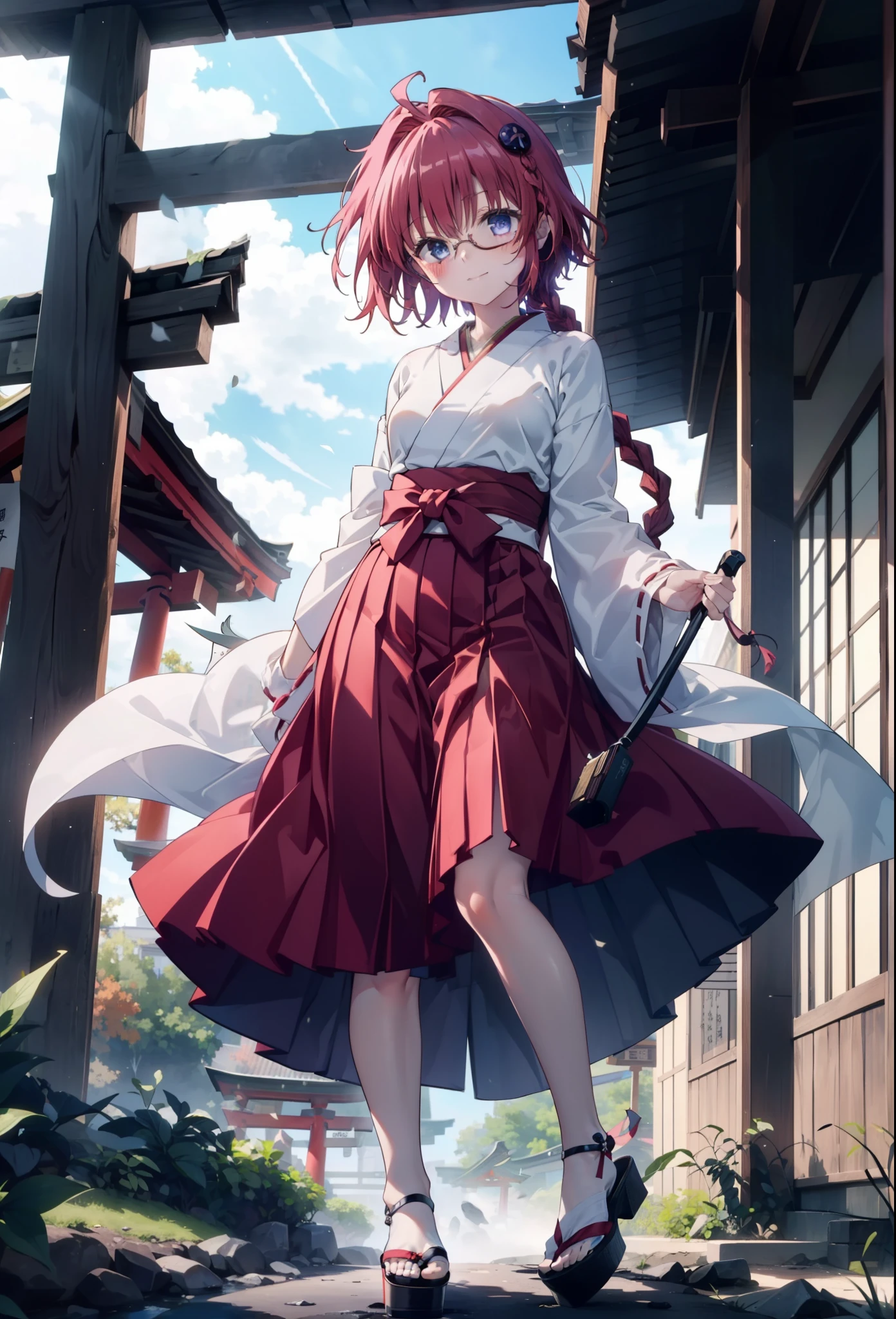 Meia Kurosaki,Meia Kurosaki,Redhead,Long Hair,Long braids,Purple eyes,Glasses, (Small breasts:1.2),Shrine maiden, 白いkimono, kimono, As with the skirt, Wide sleeves, Long sleeve, Red too,Long skirt,White tabi,Sandals,smile,blush,Sleeves edged with ribbon, whole bodyがイラストに入るように,
break looking at viewer,whole body,
break outdoors, shrine,torii,
break (masterpiece:1.2), Highest quality, High resolution, unity 8k wallpaper, (shape:0.8), (Beautiful attention to detail:1.6), Highly detailed face, Perfect lighting, Extremely detailed CG, (Perfect hands, Perfect Anatomy),