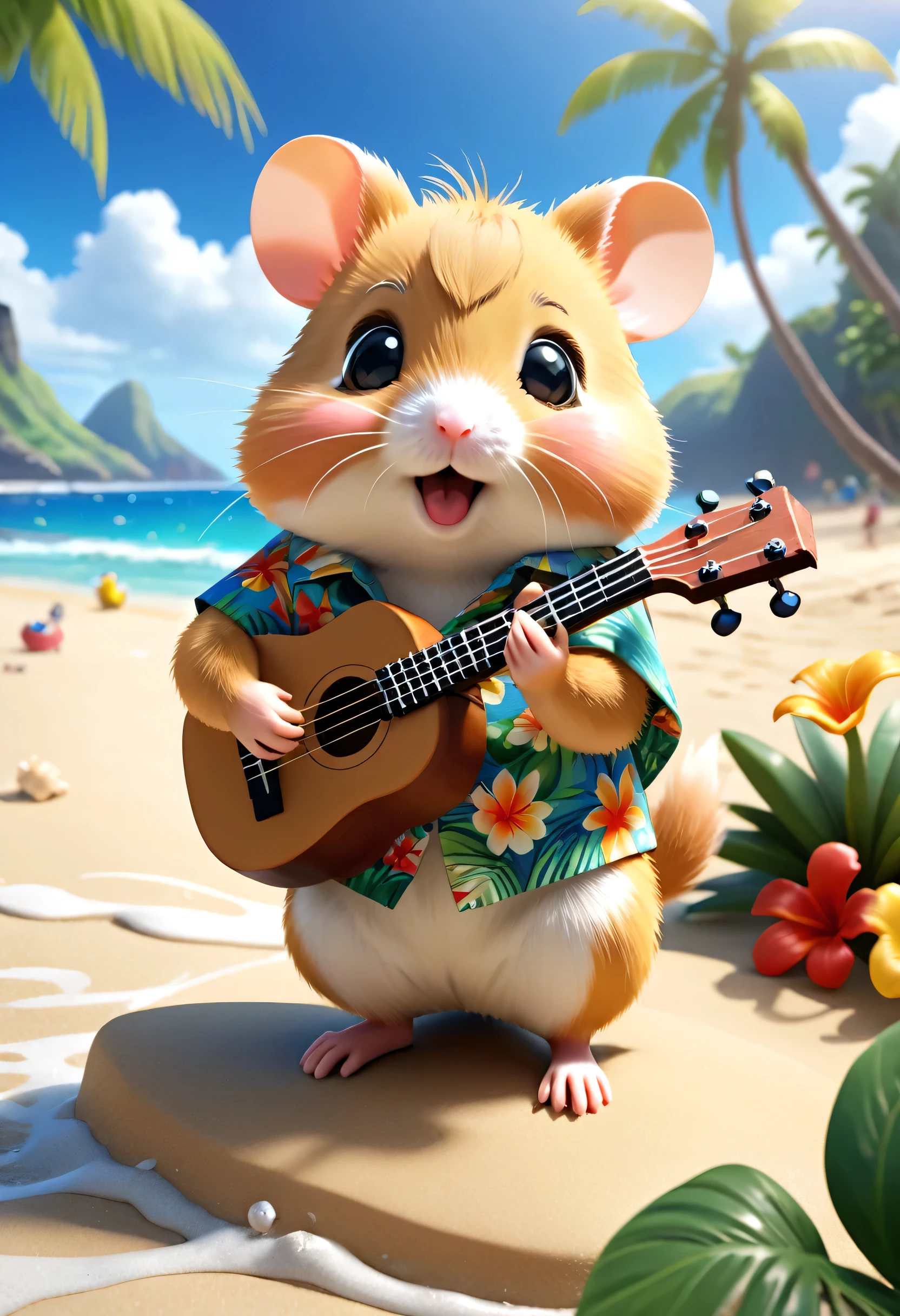 Esbian all over body、Cool hamster、Pop hamster、Diorama、Simple Background、Aloha Shirt、Playing a small ukulele、tropical、Beach Background、Cape、Best Quality, Capture the cutest moments, Depth of written boundary, Super detailed, Ultra-high resolution, Octadale, 8k, 16km race