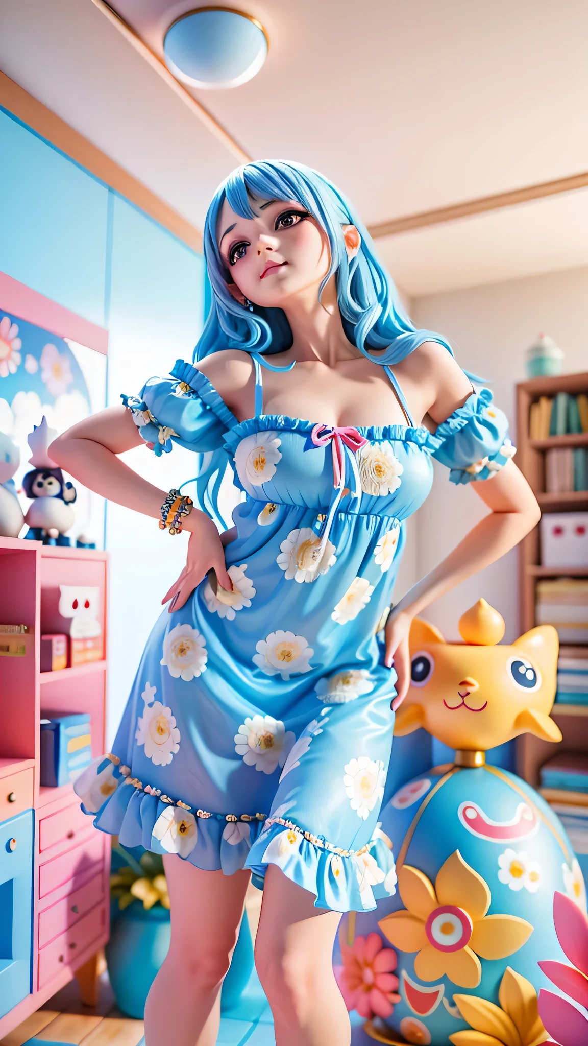 araffe woman in a blue dress standing in a room, wearing a dress, wearing a plastic blue dress, wearing in a summer dress, wearing sundress, wearing blue dress, dressed in a flower dress, wearing a blue dress, in a dress, wearing a nightgown, wearing dress, wearing a sun dress, wearing a sundress, sky - blue dresschibi,blindbox, plastican00d,(best quality, 4k, 8k, highres, masterpiece:1.2), ultra-detailed, playful, cartoon, cute, 3d rendering,