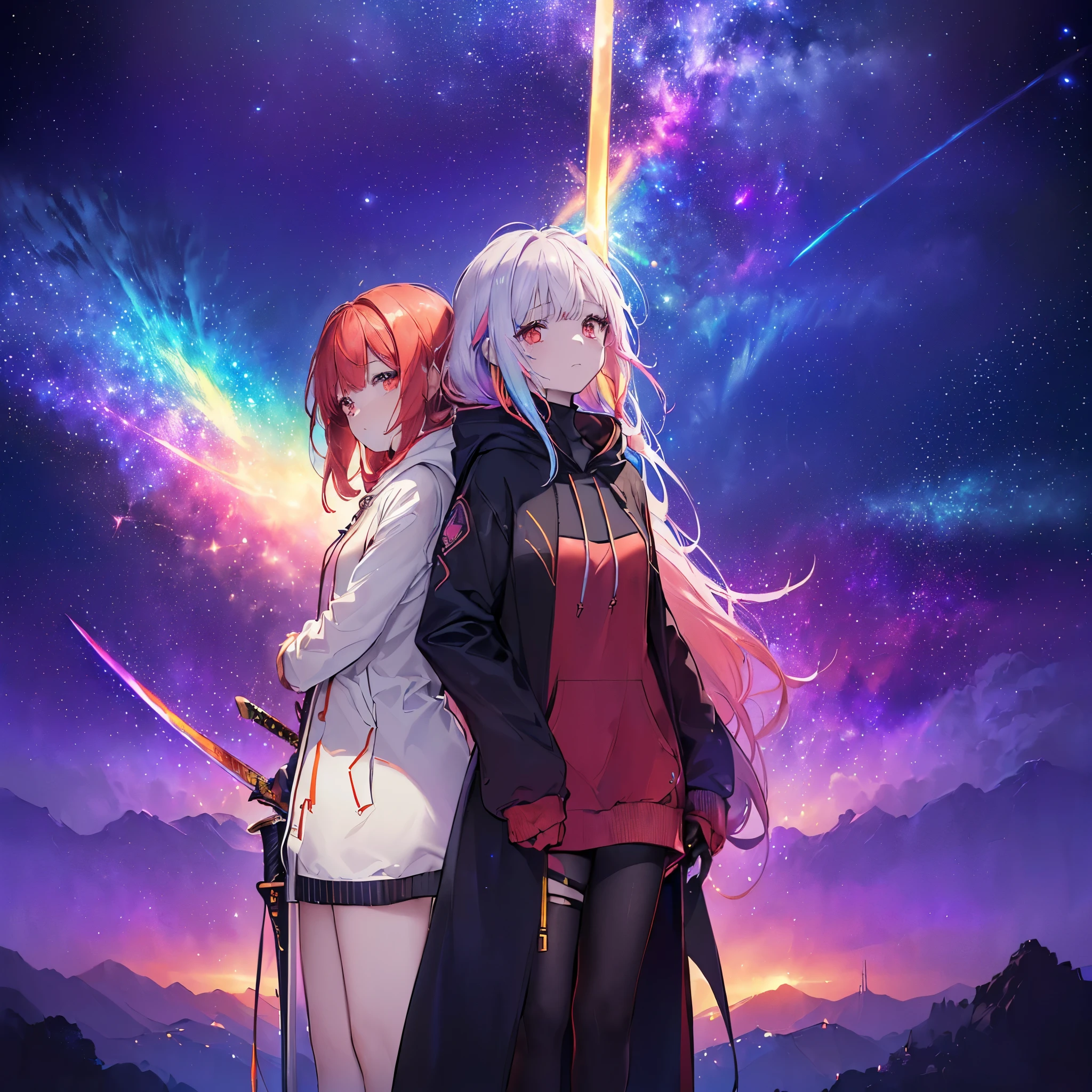 (((((Two women standing back to back、Holding a sword Galaxy Background、Shine))))) ((((Fantasy Rainbow colors、Long Hair Dull red eyes High Neck Hoodie Put on a coat without putting your arms through it)))) (((Lonely despair))) ((tears gloves)) (Distorted Space-Time star moon) Catch the wind Shine背景 Particles of light, Shineエッジ