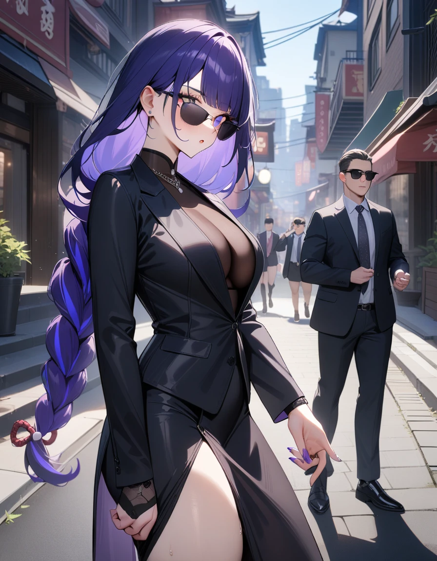 1girl, raiden shogun, genshin impact,Secret agent,sun glasses, suit,cool,city street,masterpiece,very aesthetic,newest,sensitive