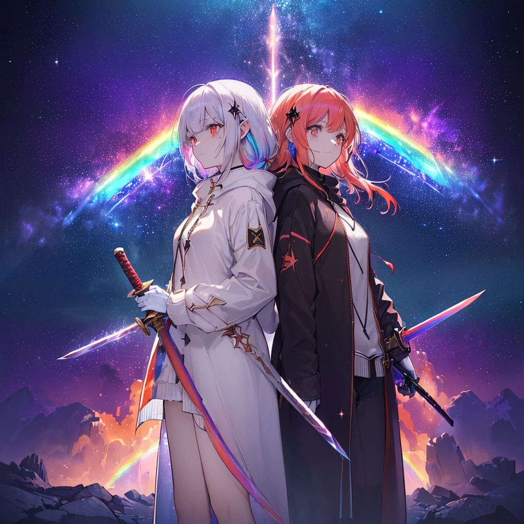 (((((Two women standing back to back、Holding a sword Galaxy Background、Shine))))) ((((Fantasy Rainbow colors、Long Hair Dull red eyes High Neck Hoodie Put on a coat without putting your arms through it)))) (((Lonely despair))) ((tears gloves)) (Distorted Space-Time star moon) Catch the wind Shine背景 Particles of light, Shineエッジ