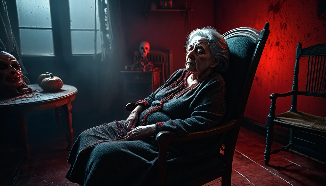 a sleepy old woman,ugly granny,sleeping on a chair tied with rrope,looks like dead,very scary room,dark and red lighting and evil faces around ghosts and demons,horror atmosphere,highly detailed,octane render,cinematic lighting,dramatic chiaroscuro,moody colors,muted tones,gloomy,creepy,unsettling,unnerving,disturbing,eerie,spooky,sinister,ghastly,ghoulish,macabre,haunting,ominous,foreboding,unsettling,unnerving,nightmarish,visceral,gritty,realistic,photorealistic,hyper detailed,masterpiece,best quality,8k,ultra-detailed,physically-based rendering,extreme detail description,professional,vivid colors,HDR,UHD,studio lighting,sharp focus,bokeh