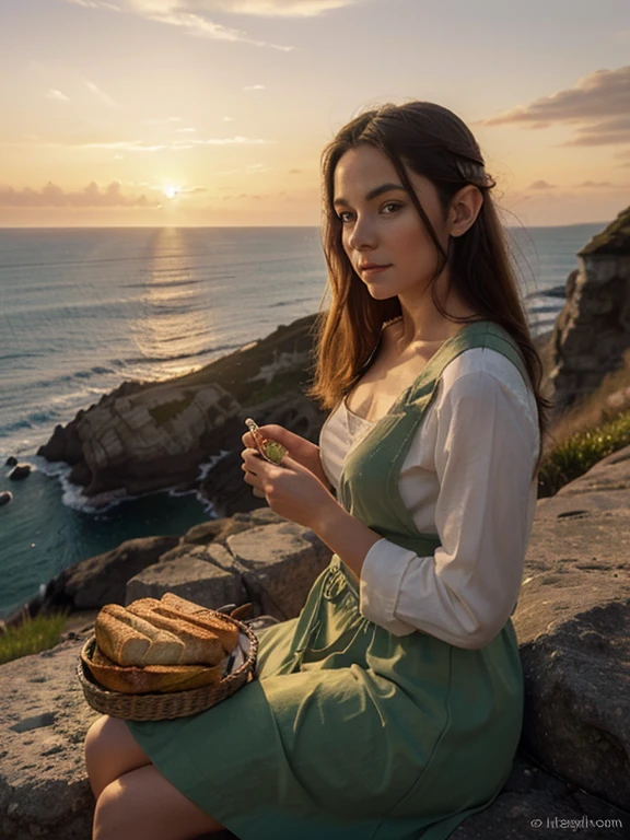 A pictorial work of art by the artist Arwen. a captivating watercolor in warm colors, you can see an attractive elf eating a bread from the road, this
with views of the sea sitting on a rock on the side of a cliff.
The image is seen against a sunset background that evokes peace and tranquility to the viewer, a play of shadows that makes the painting stand out.