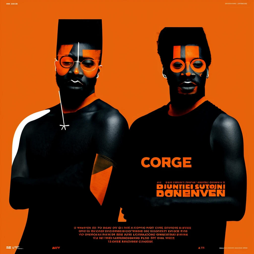 Folks, Colorful solo, looking at viewer, simple background, 2 DJs, male focus, english text, Orange background