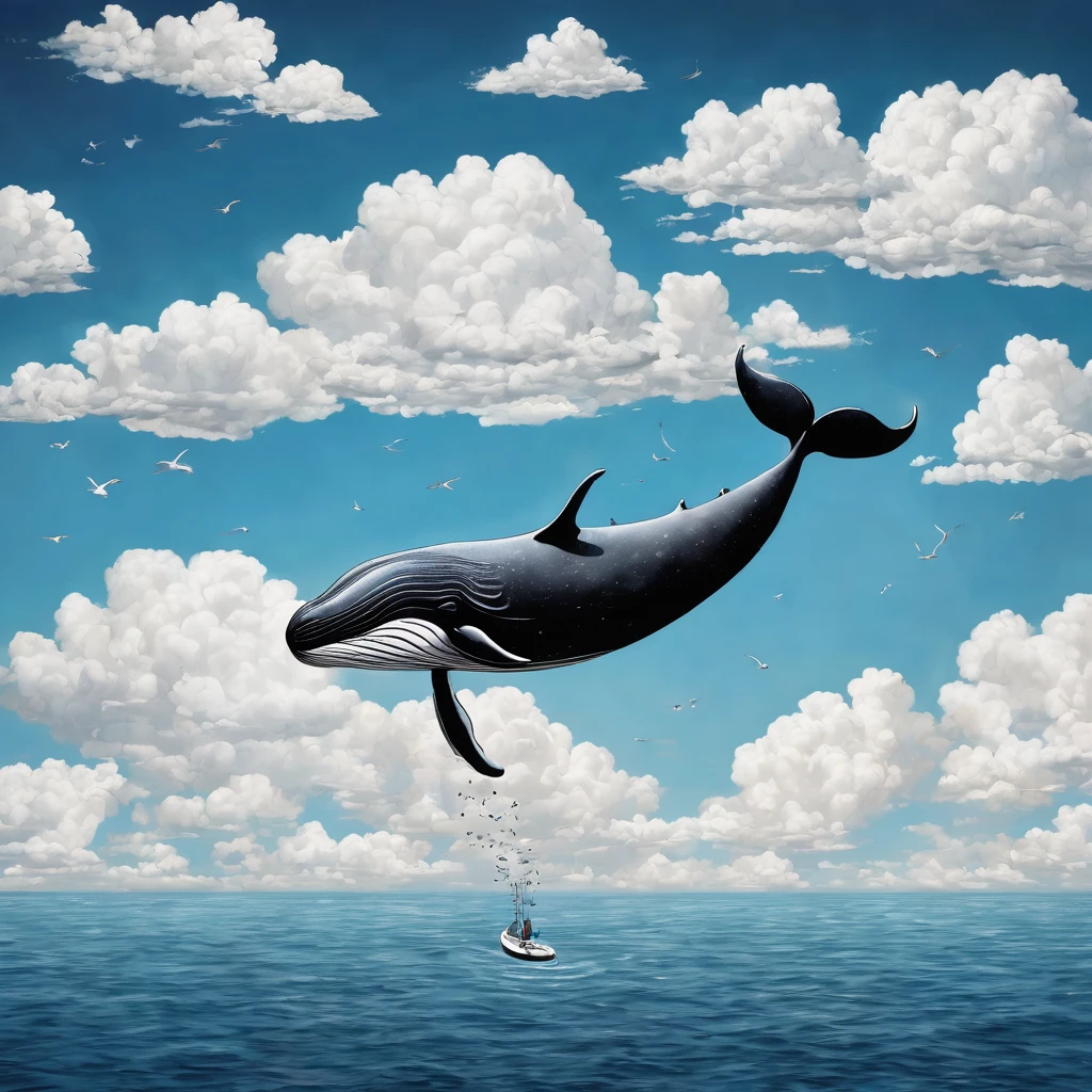 Stick figures, a whale in the blue sky, white clouds, surreal, shocking scenes