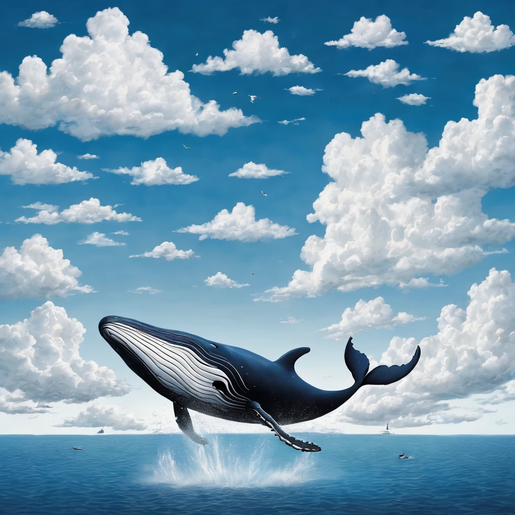 Stick figures, a whale in the blue sky, white clouds, surreal, shocking scenes