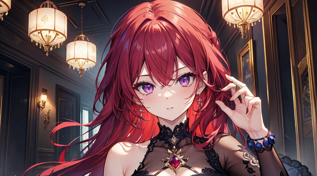 Highest quality, masterpiece, figure, wallpaper,One woman, Beautiful detailed woman, Highly detailed eyes and face, Beautiful attention to detail, Shine, View your viewers, Purple Eyes,,Bright Red Hair ,crisp finger, clear background, deep night、Big earrings、bracelet,28 years old,Are standing,Slim body,gun