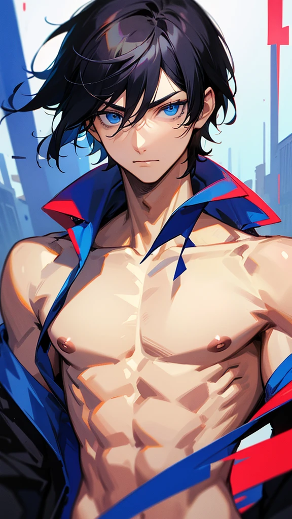 One cool guy, Black Hair, Blue eyes, Upper body naked, Gaze Here
