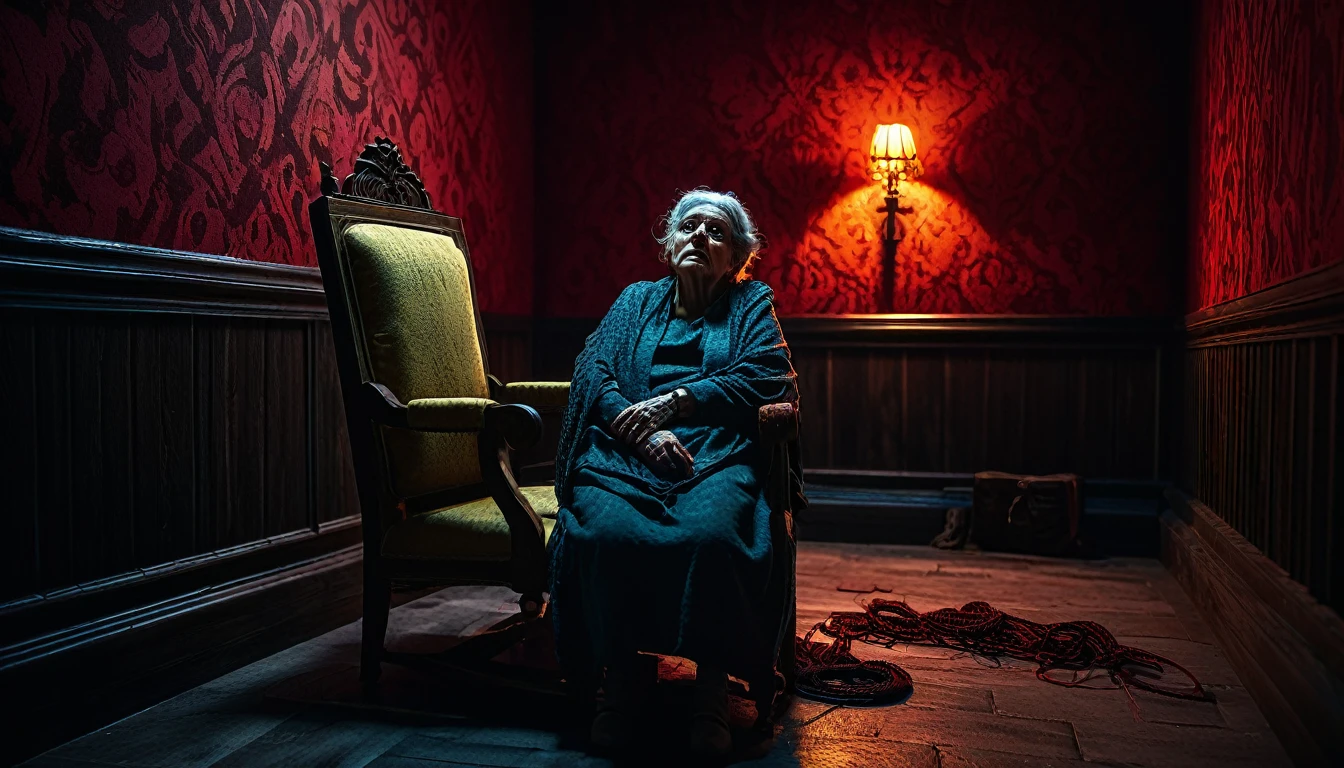 a sleepy old woman,ugly granny,sleeping on a chair tied with rrope,looks like dead,very scary room,dark and red lighting and evil faces around ghosts and demons blood on the wall,horror atmosphere,highly detailed,octane render,cinematic lighting,dramatic chiaroscuro,moody colors,muted tones,gloomy,creepy,unsettling,unnerving,disturbing,eerie,spooky,sinister,ghastly,ghoulish,macabre,haunting,ominous,foreboding,unsettling,unnerving,nightmarish,visceral,gritty,realistic,photorealistic,hyper detailed,masterpiece,best quality,8k,ultra-detailed,physically-based rendering,extreme detail description,professional,vivid colors,HDR,UHD,studio lighting,sharp focus,bokeh