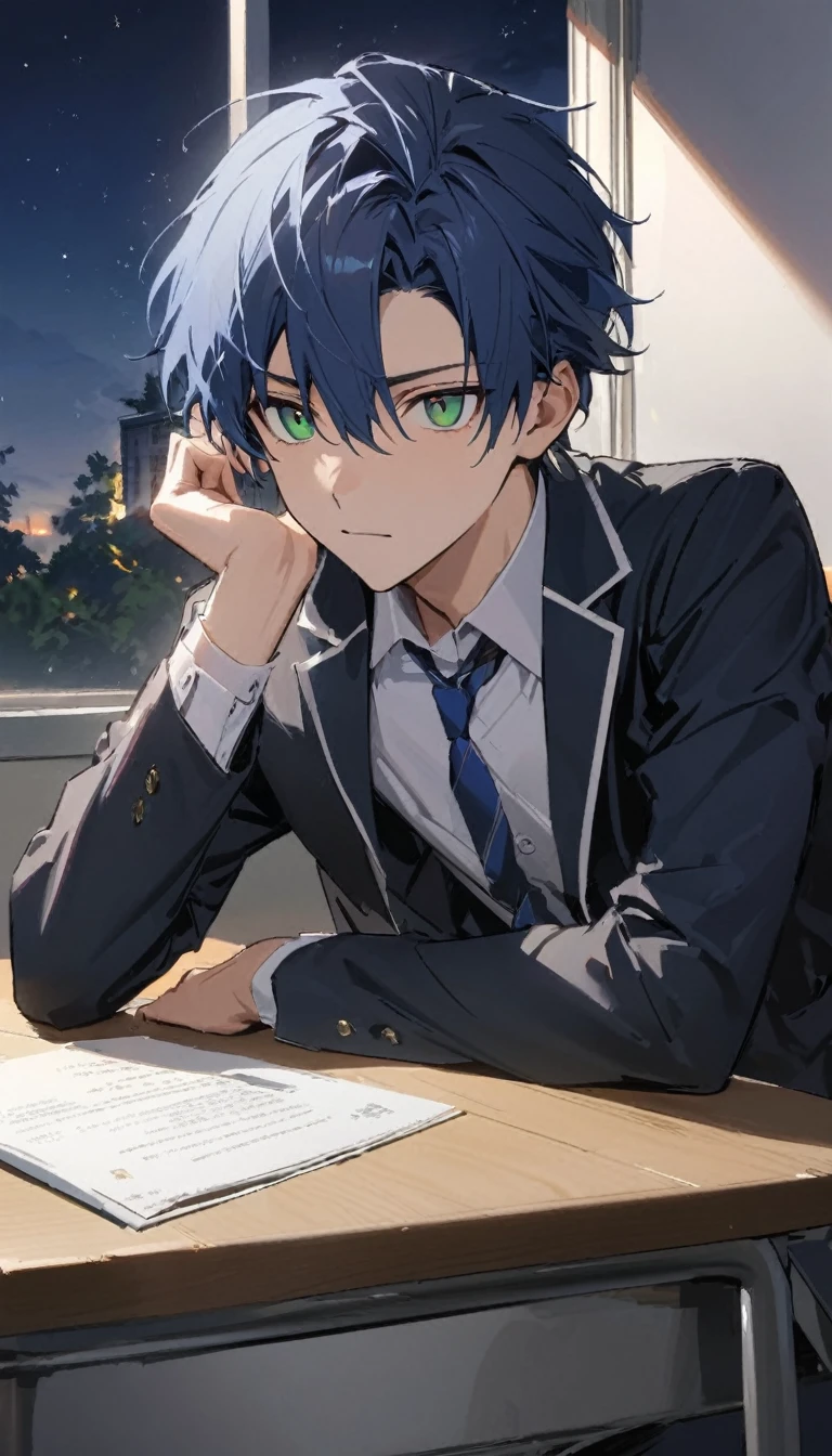 a handsome young man, 19 years old, ultramarine blue hair, shorth hair, emerald green eyes, , In school, no expression, night sky, work of art, best qualityer, ultra detaild, detailedeyes, cool eyes