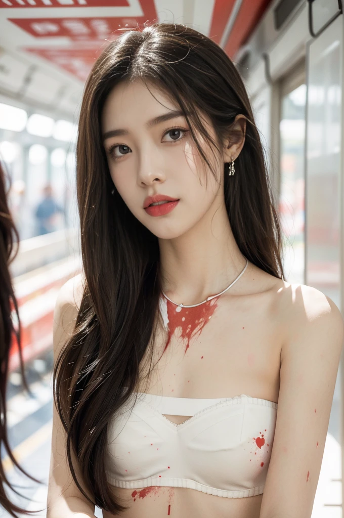 (((best quality))),(((ultra detailed))),(((masterpiece))),illustration,(a stunning girl,solo),(shoulder length straight hair:1.2),((earrings,necklace)),((slim,thin)),((small breasts,flat chest)),(standing:1.3), ((awkwardly,painful,embarrassed)),(In modern high-speed railway carriages:1.3),(strapless white bra splattered with red paint stains:1.5),(surrounded by crowded crowds:1.3),((from front,close-up of face))