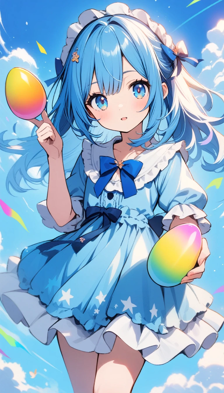 Girl holding rainbow colored eggs, Blue Hair, blue eyes, Beautiful and cute blue dress, from the front, 