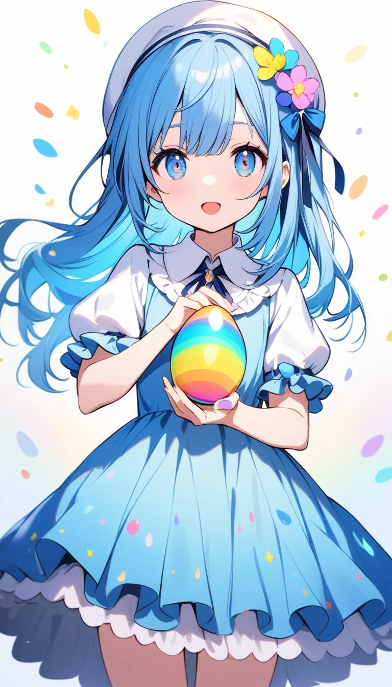 Girl holding rainbow colored eggs, Blue Hair, blue eyes, Beautiful and cute blue dress, from the front,