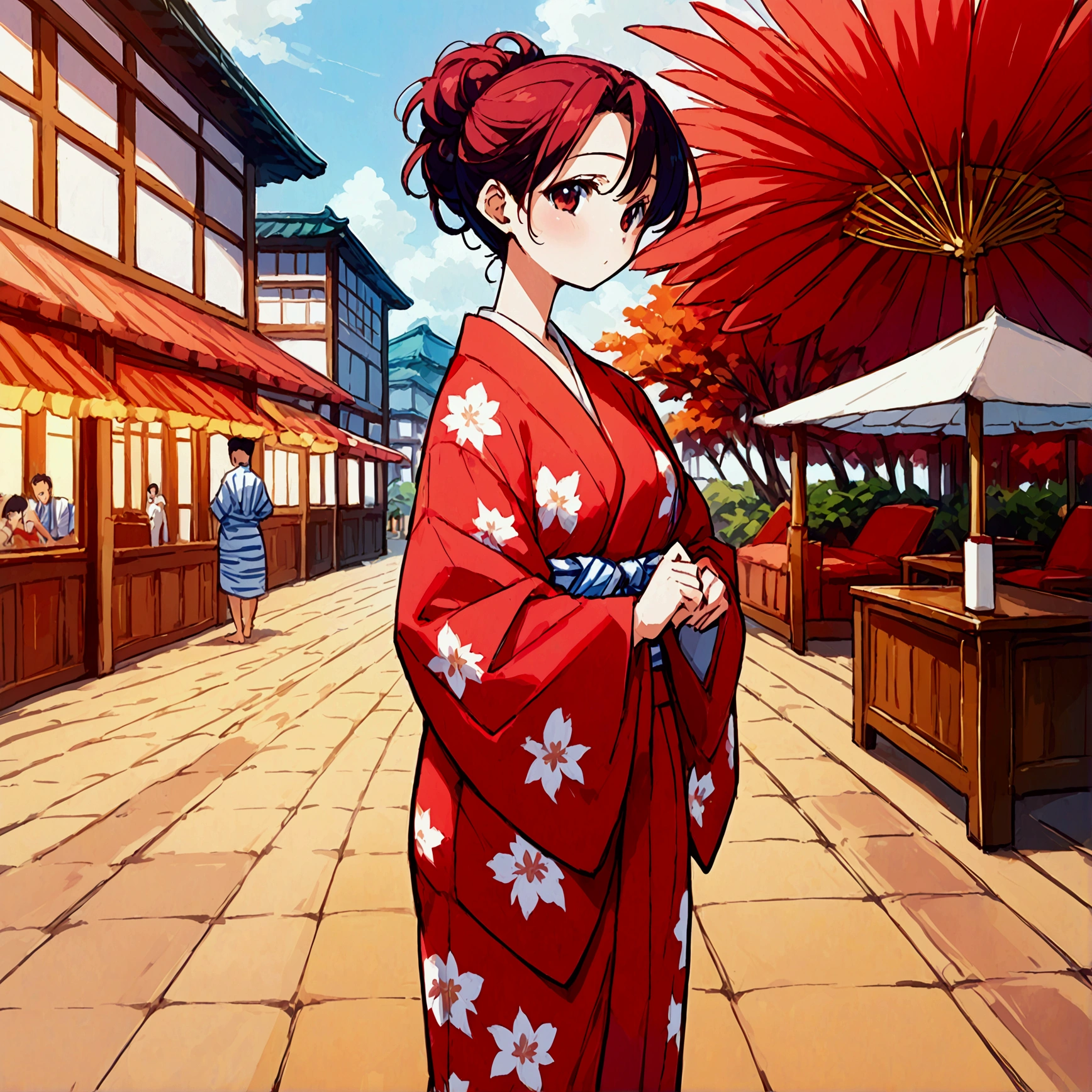 A girl standing alone wearing a summer yukata、Elegant yukata、yukata、Kimono of the common people、Colorful yukata、Japanese summer yukata、Japanese classic summer cute yukata、Red yukata with floral pattern、Summer festival style