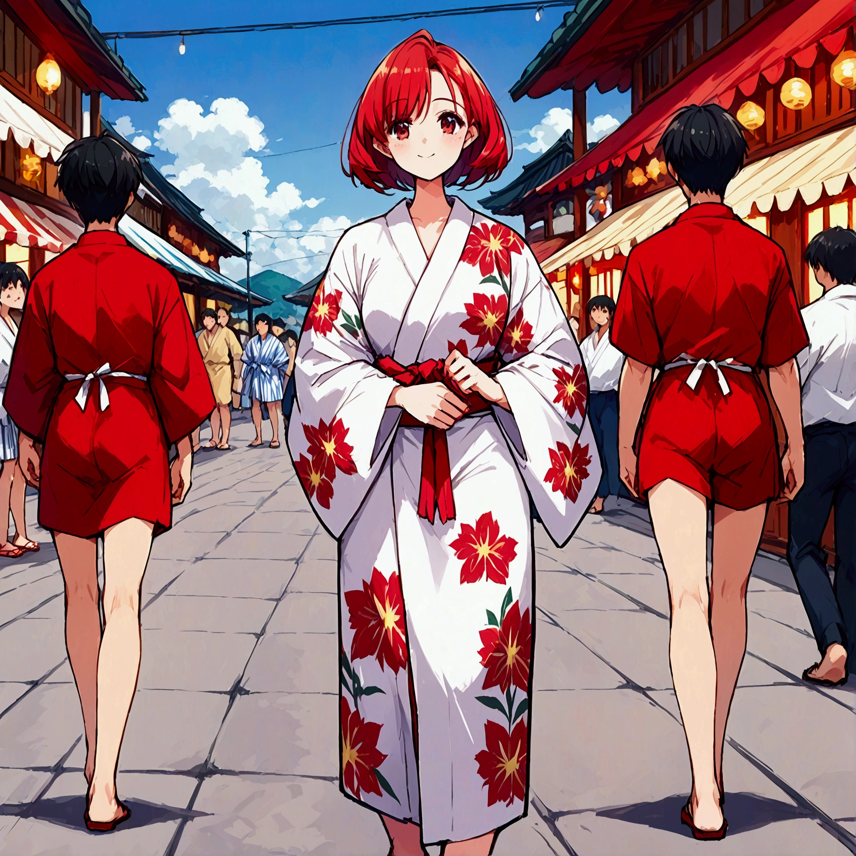 A girl standing alone wearing a summer yukata、Elegant yukata、yukata、Kimono of the common people、Colorful yukata、Japanese summer yukata、Japanese classic summer cute yukata、Red yukata with floral pattern、Summer festival style