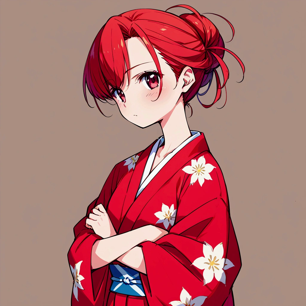 A girl standing alone wearing a summer yukata、Elegant yukata、yukata、Kimono of the common people、Colorful yukata、Japanese summer yukata、Japanese classic summer cute yukata、Red yukata with floral pattern、Summer festival style